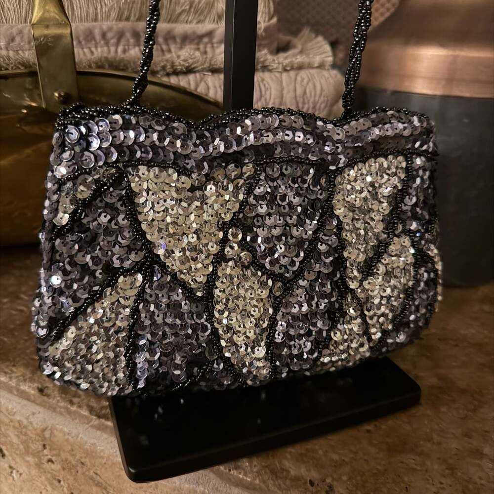 La Regale Sequin Beaded Handbag Silver Black